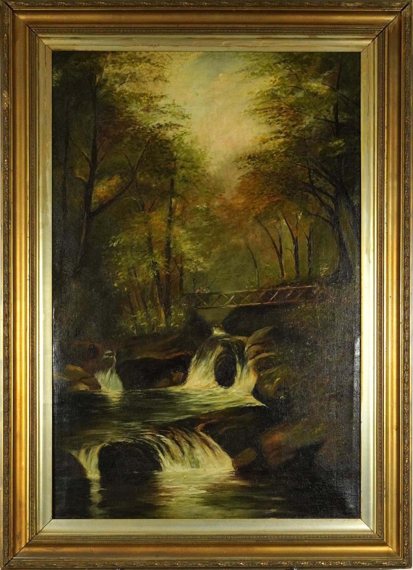 Betws-Y-Coed, figures on a bridge over waterfall, 19th century English school oil on canvas, mounted - Bild 2 aus 5