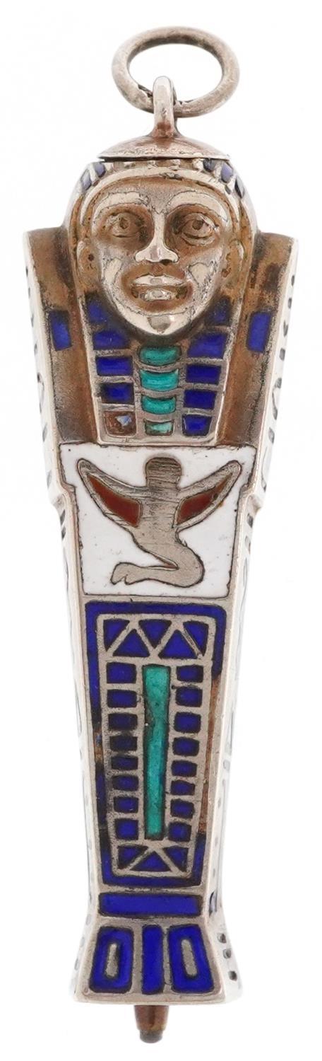 Egyptian Revival unmarked silver enamel propelling pencil in the form of Tutankhamun, 8cm in