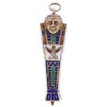 Egyptian Revival unmarked silver enamel propelling pencil in the form of Tutankhamun, 8cm in