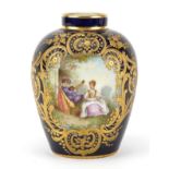 Sevres, 19th century French cobalt blue ground vase hand painted with a panel young musician