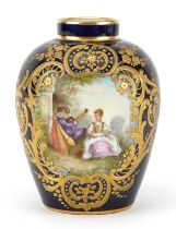 Sevres, 19th century French cobalt blue ground vase hand painted with a panel young musician