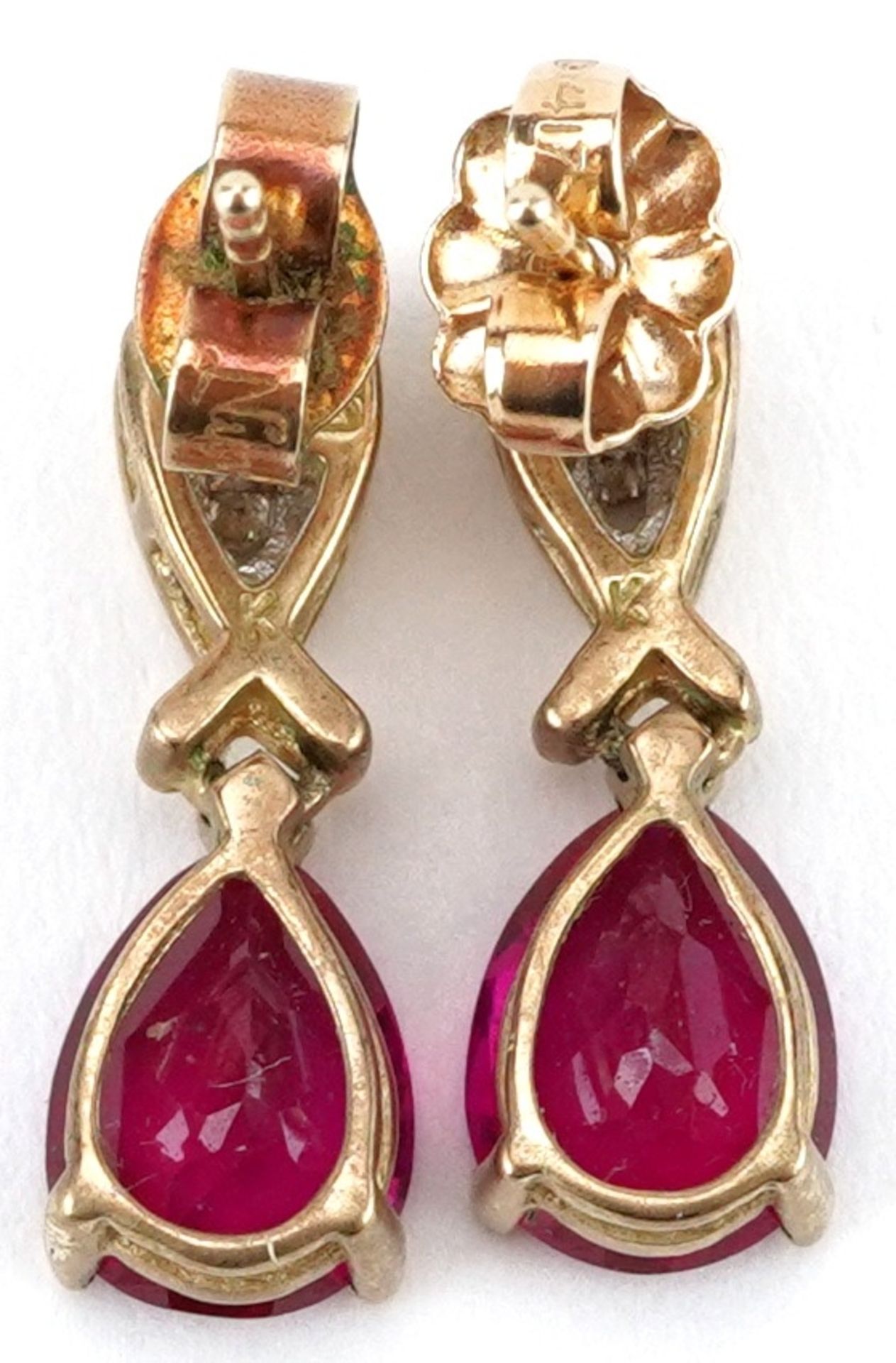 Pair of 9ct gold diamond and ruby teardrop earrings, each 1.7cm high, total 2.3g - Image 2 of 3