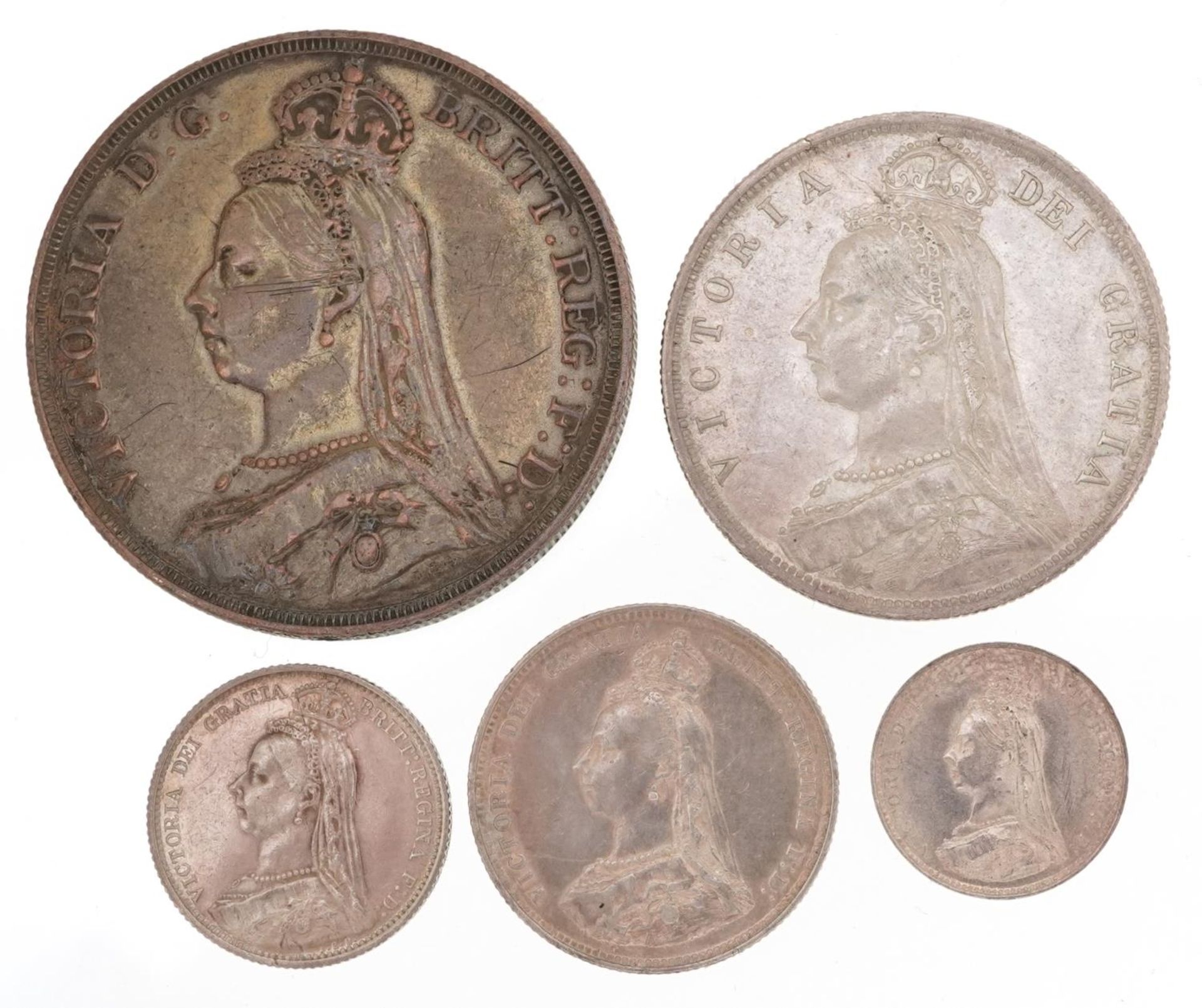 Victorian 1887 Jubilee silver coinage comprising crown, half crown, shilling, sixpence and - Image 2 of 2