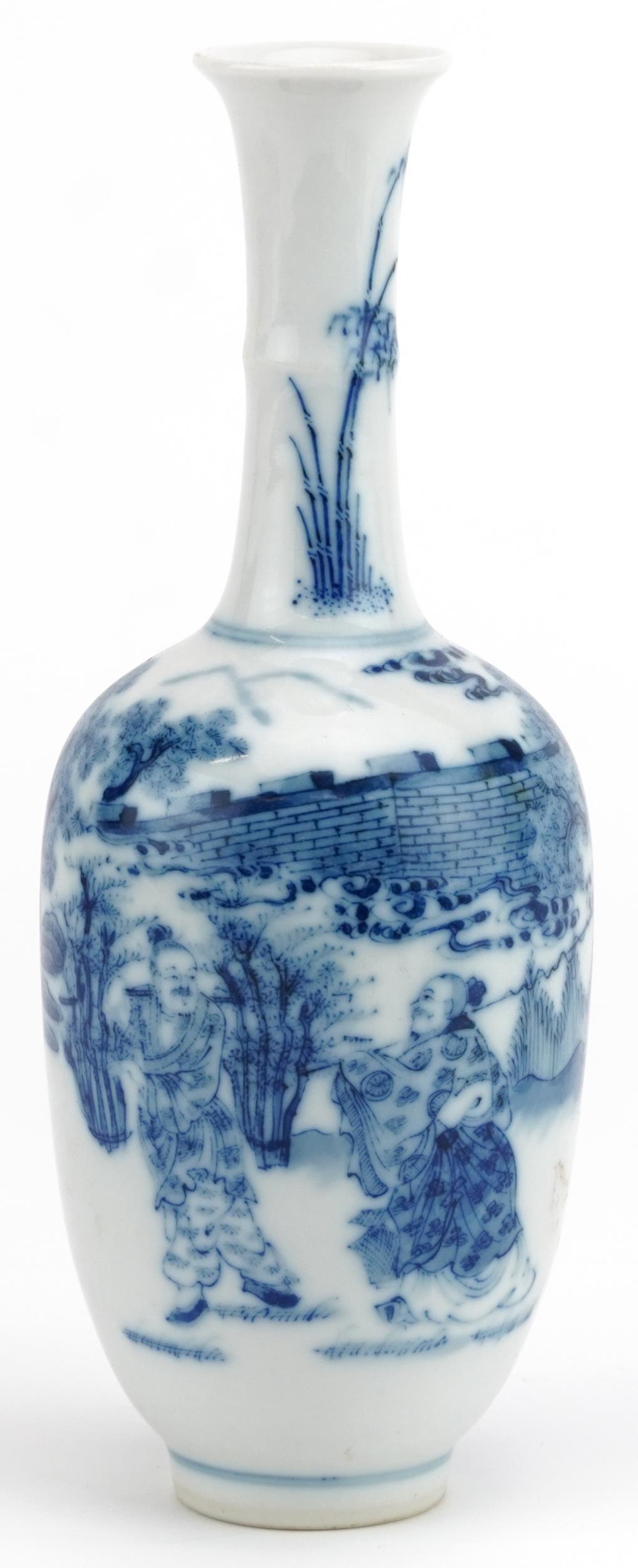Chinese blue and white porcelain vase hand painted with an emperor and attendant in a landscape, six