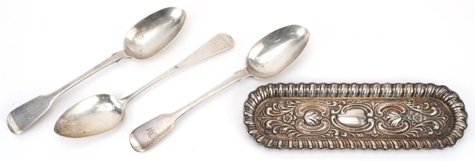 Georgian and later silver including a pair of tablespoons and an Edwardian silver pen tray