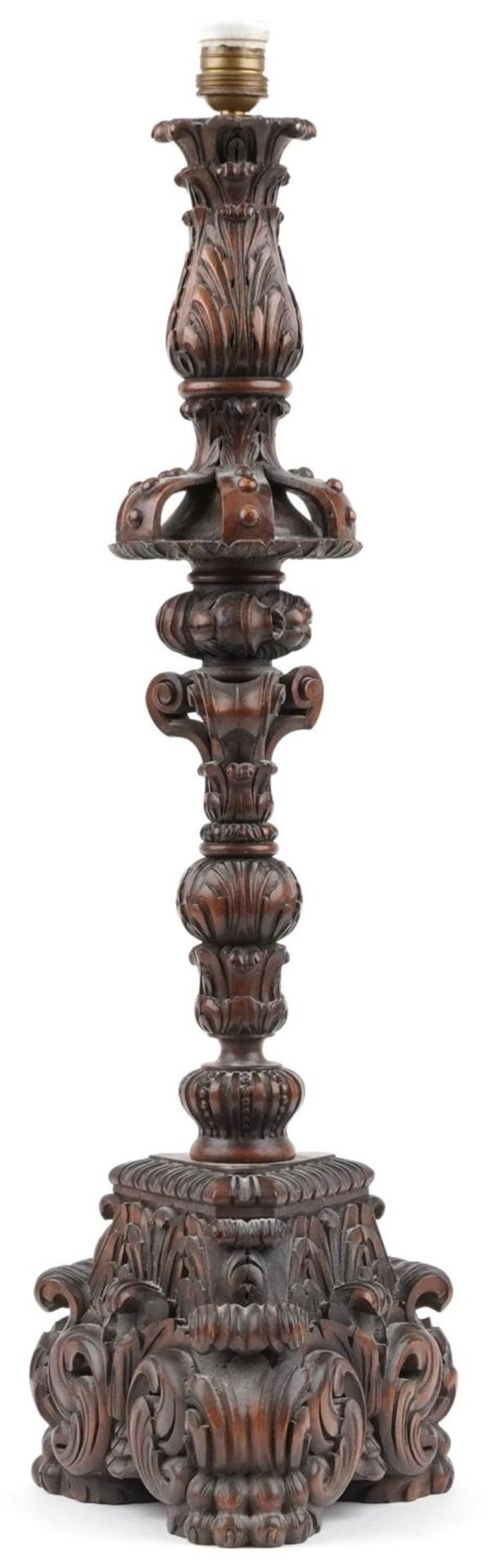 Large antique oak candle holder profusely carved with foliage, overall 76cm high - Image 4 of 5