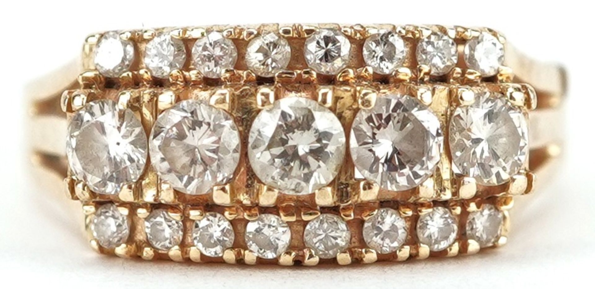 14k gold diamond three row cluster ring, total diamond weight approximately 0.46 carat, size J, 3.4g