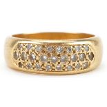 18ct gold pave set diamond three row cluster ring, size N, 8.2g