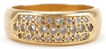18ct gold pave set diamond three row cluster ring, size N, 8.2g