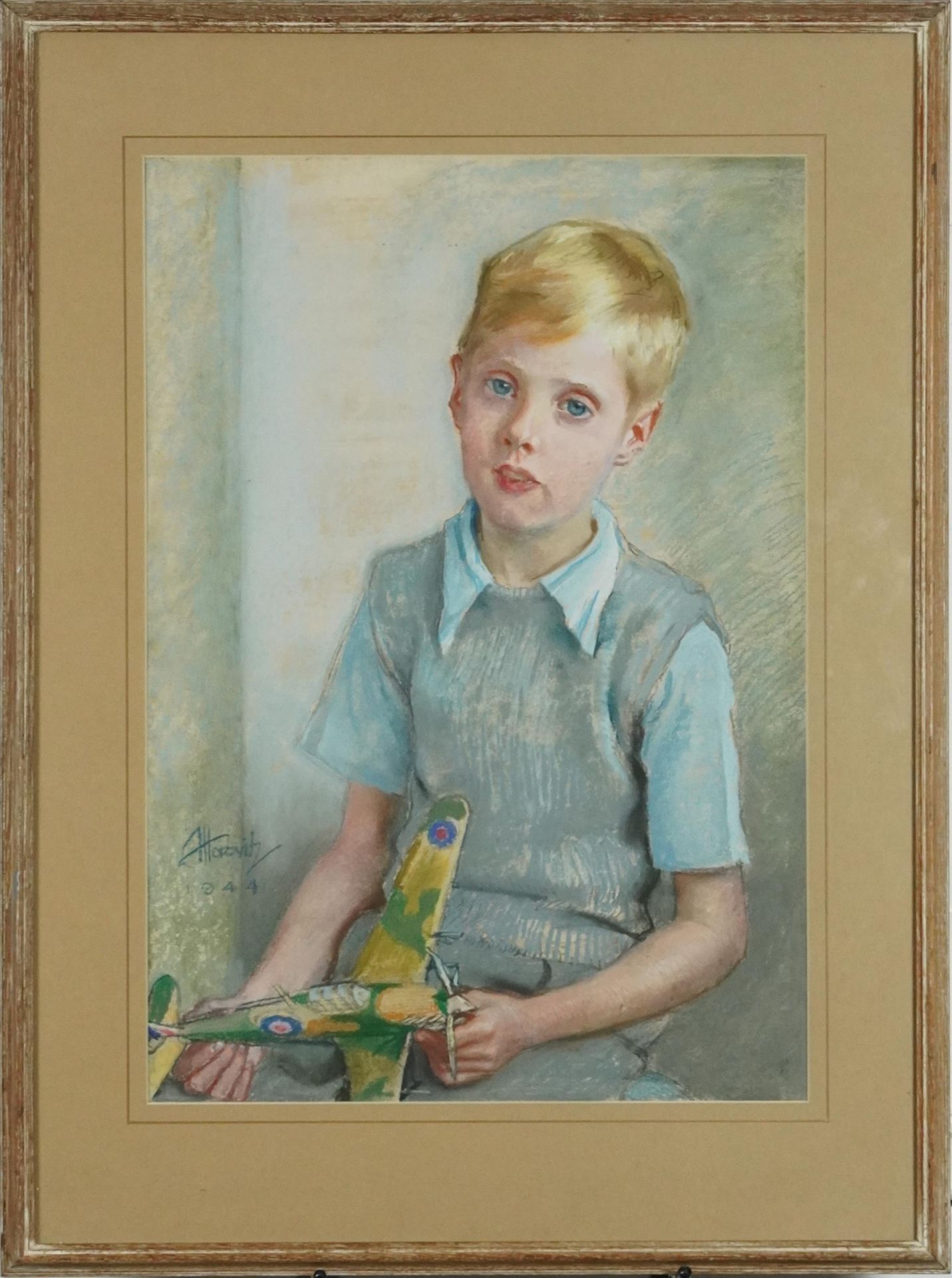 Armin Horovitz 1944 - Portrait of a young boy holding a model of a Spitfire, World War II military - Image 2 of 4