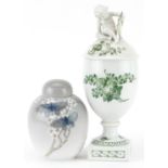 Royal Copenhagen, Danish porcelain comprising a vase and cover surmounted with Putti and a jar and