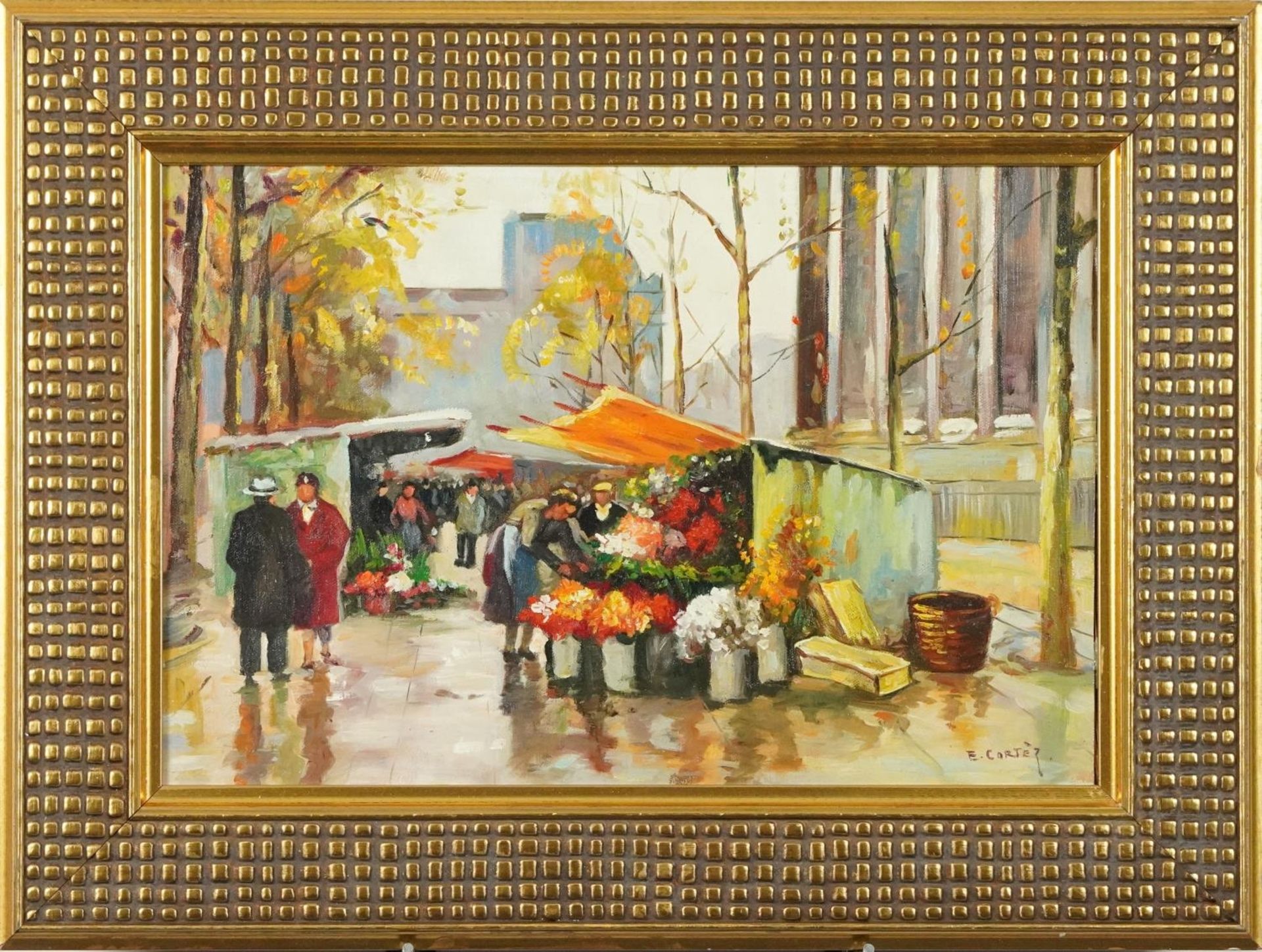 Manner of Edward Cortez - Parisian market, Impressionist oil on board, mounted and framed, 45cm x - Image 2 of 5