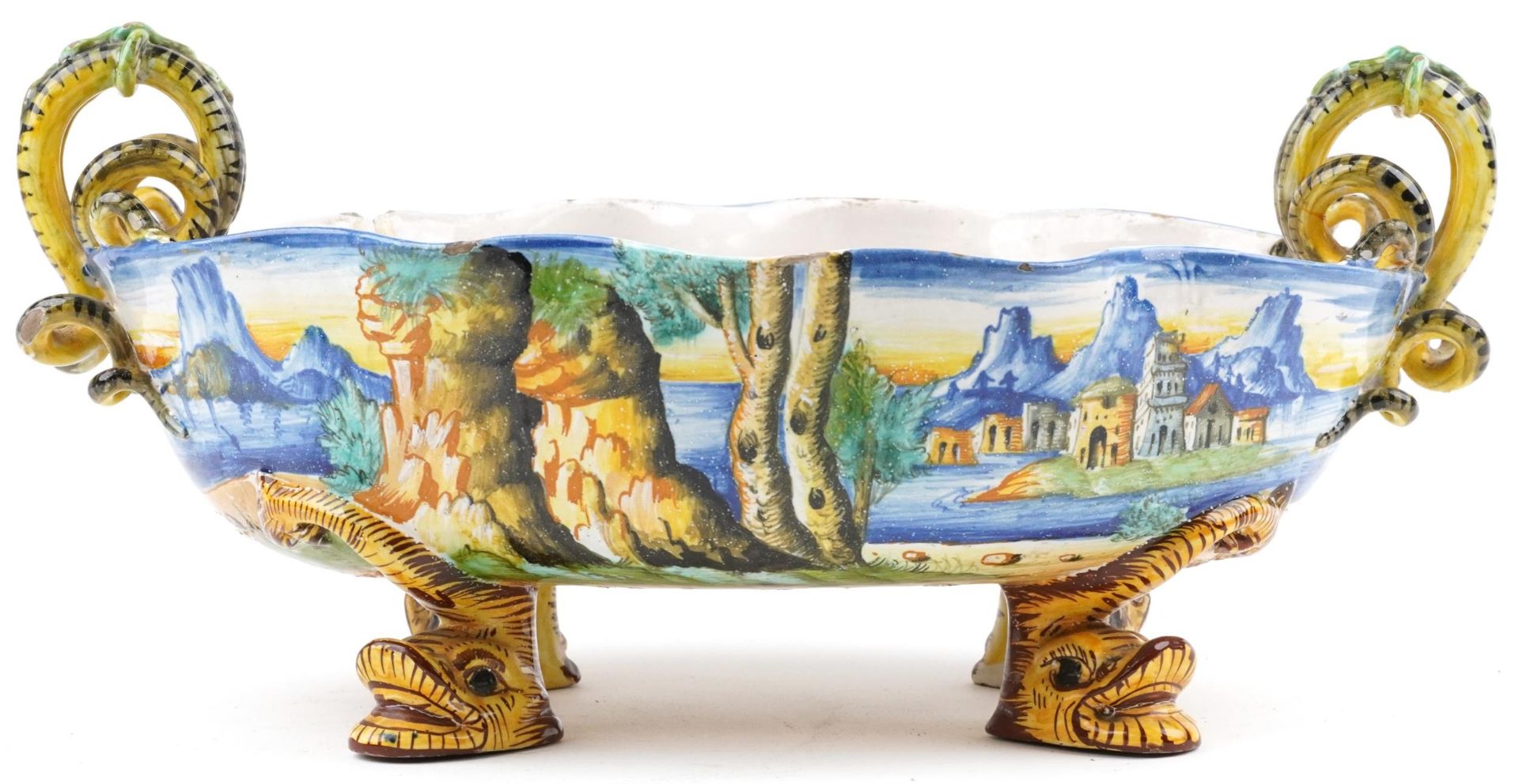 Ulisse Cantagalli, 19th century Italian Maiolica twin handled centre bowl with mythical fish - Image 2 of 5