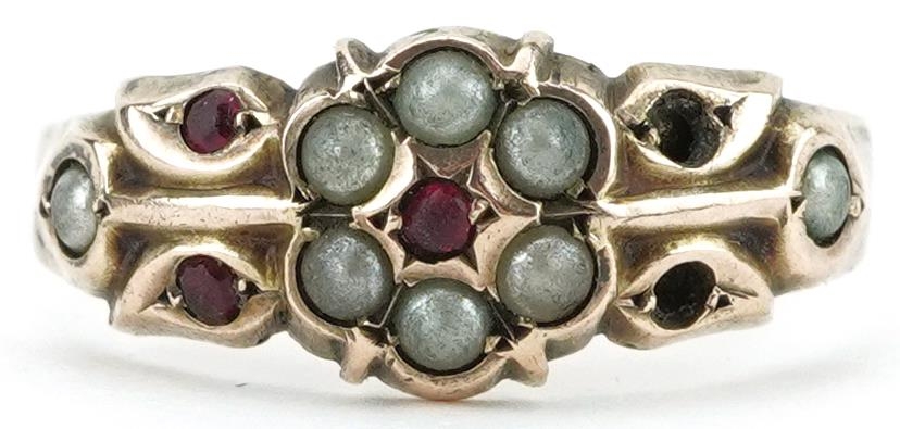 Victorian 9ct rose gold garnet and seed pearl flower head ring, Birmingham 1899, size R, 1.8g