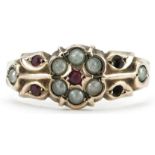 Victorian 9ct rose gold garnet and seed pearl flower head ring, Birmingham 1899, size R, 1.8g