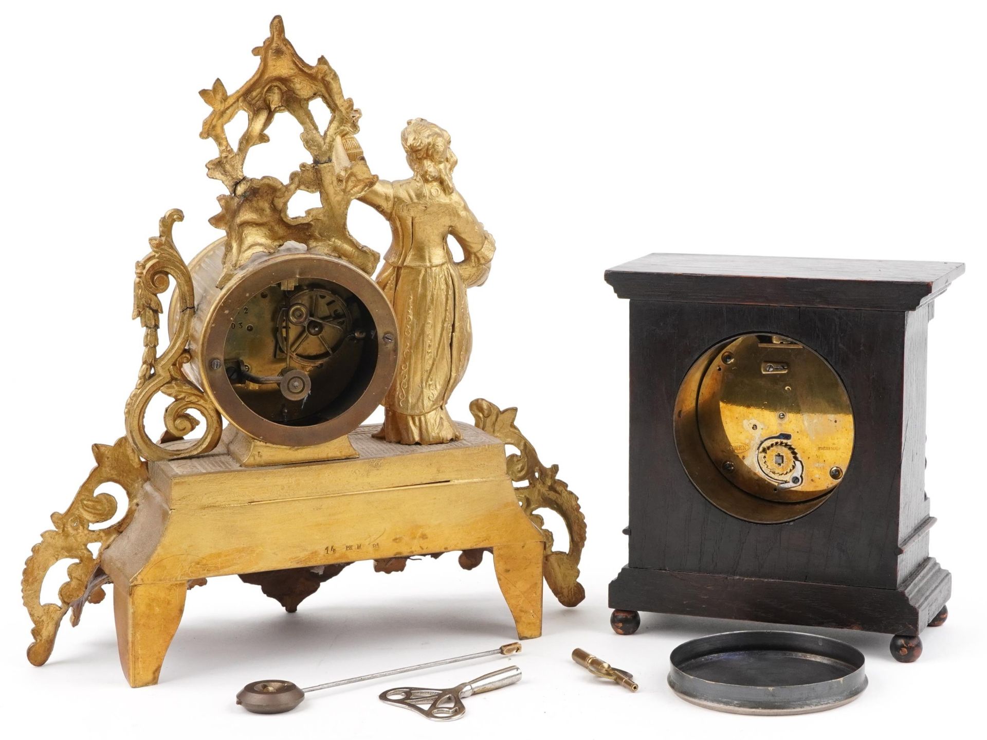 Two mantle clocks comprising a French gilt metal figural example with enamelled dial having Roman - Bild 3 aus 4
