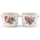 Pair of 19th century European porcelain cache pots with twin handles, each hand painted with