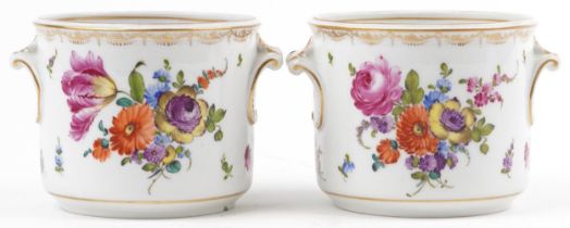 Pair of 19th century European porcelain cache pots with twin handles, each hand painted with