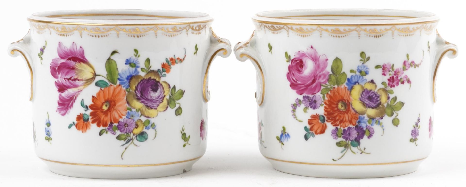 Pair of 19th century European porcelain cache pots with twin handles, each hand painted with