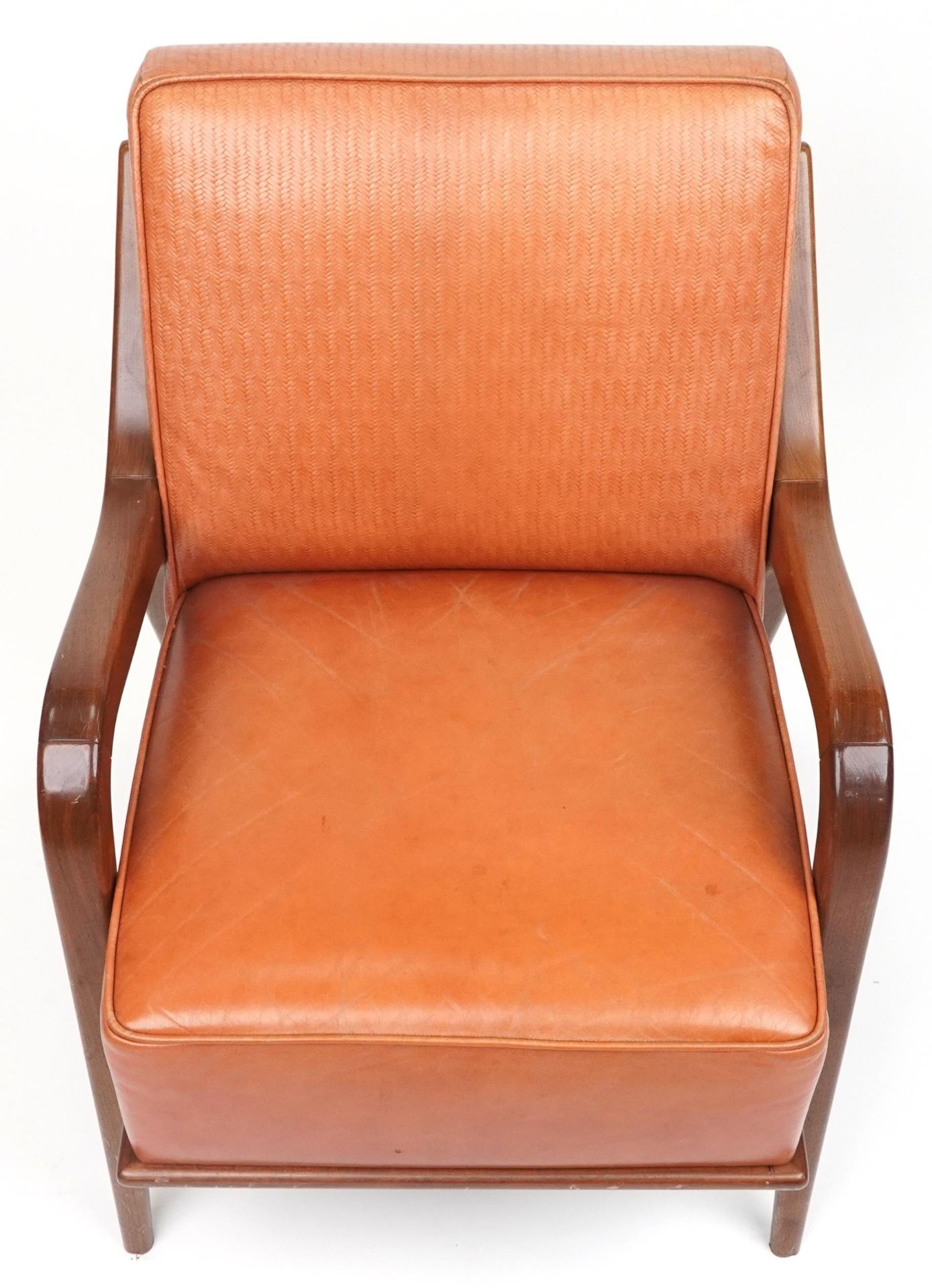 Scandinavian design hardwood lounge chair having a tan upholstered back and seat, 86cm H x 62.5cm - Bild 3 aus 4