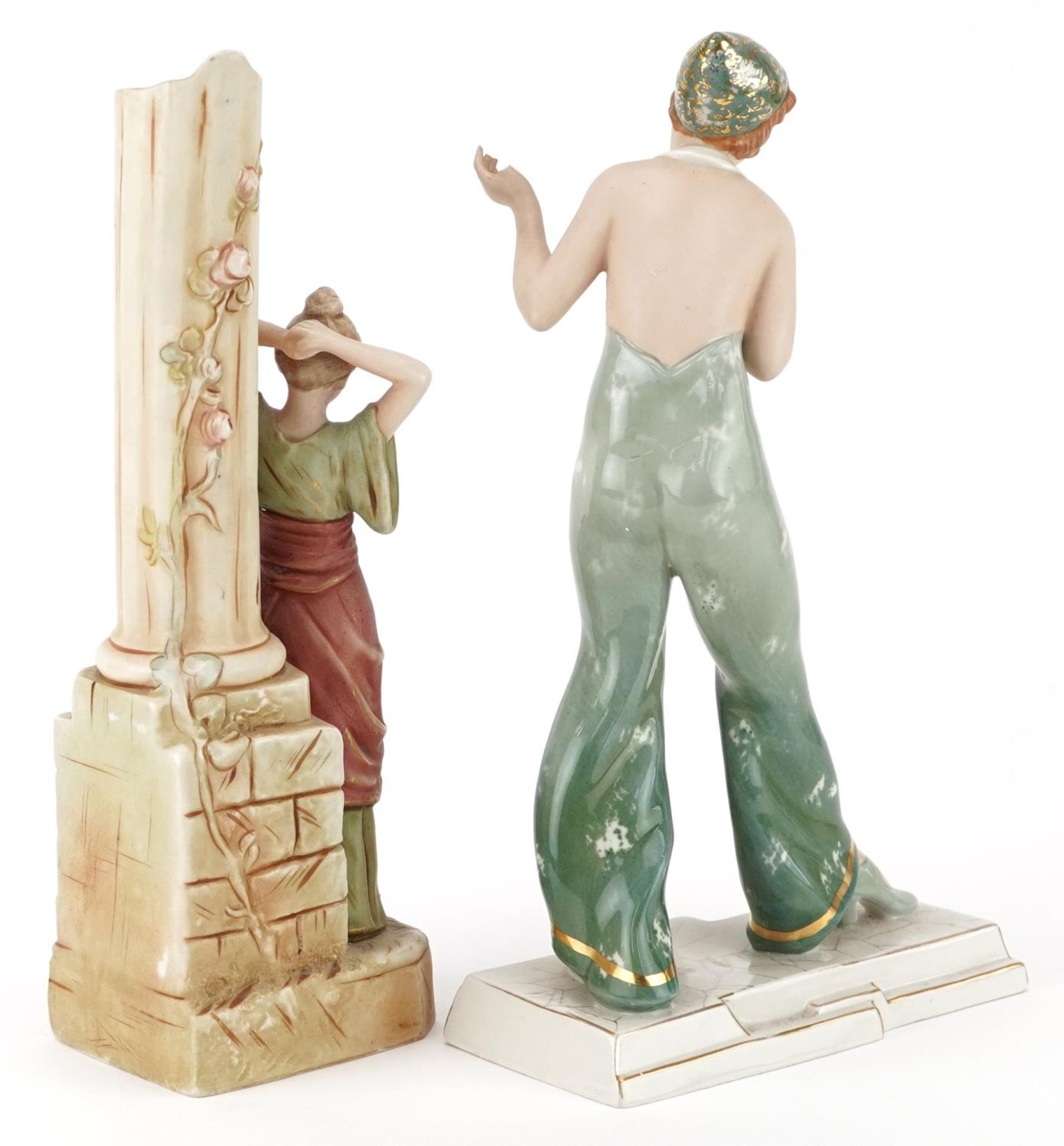 Two Czechoslovakian figurines comprising an Art Nouveau Royal Dux figural vase in the form of a - Bild 2 aus 4