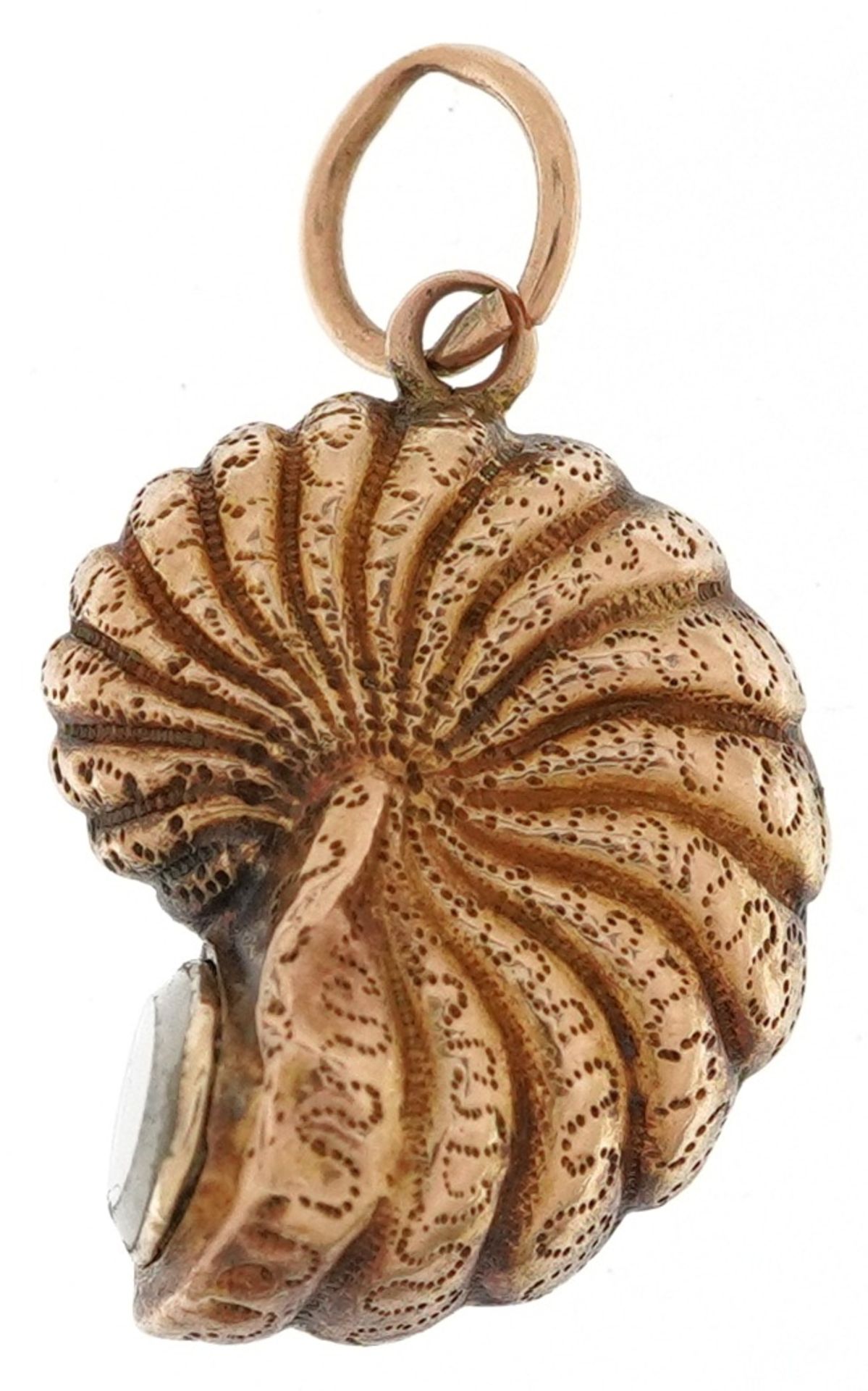 Antique unmarked gold mourning charm in the form of an ammonite, 1.9cm high, 1.3g - Image 2 of 3