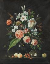 Still life flowers in a vase with snail, Italian school oil on canvas, mounted and framed, 49.5cm