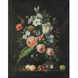 Still life flowers in a vase with snail, Italian school oil on canvas, mounted and framed, 49.5cm