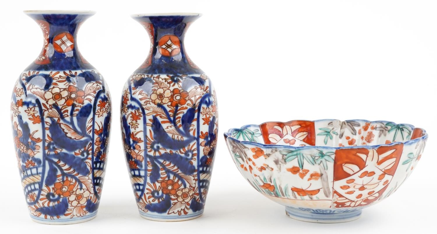 Japanese Imari porcelain including a pair of vases hand painted with flowers, the largest 19cm high - Image 4 of 9