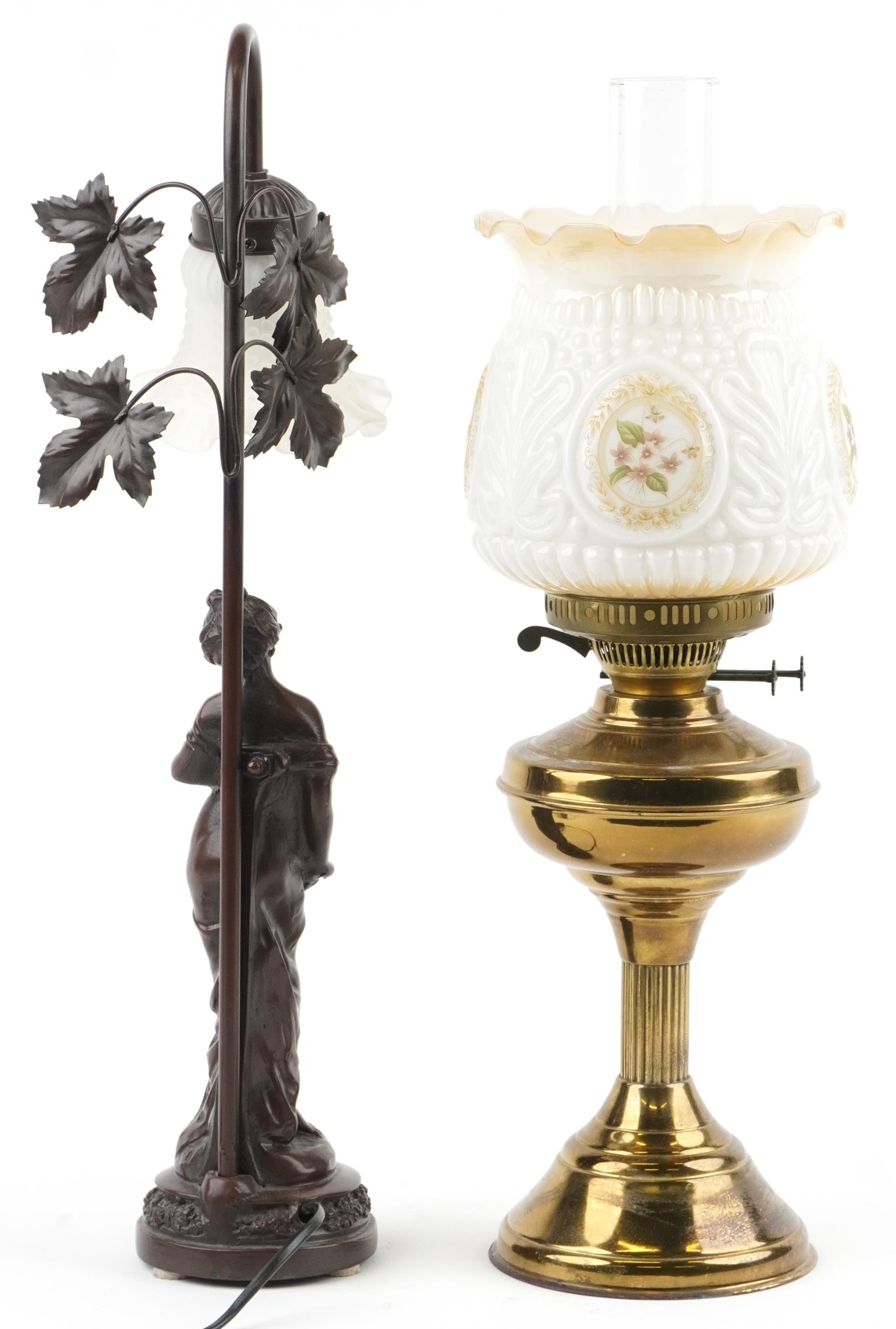 Art Nouveau style bronzed figural table lamp with frilled glass shade and a brass oil lamp with - Image 2 of 3