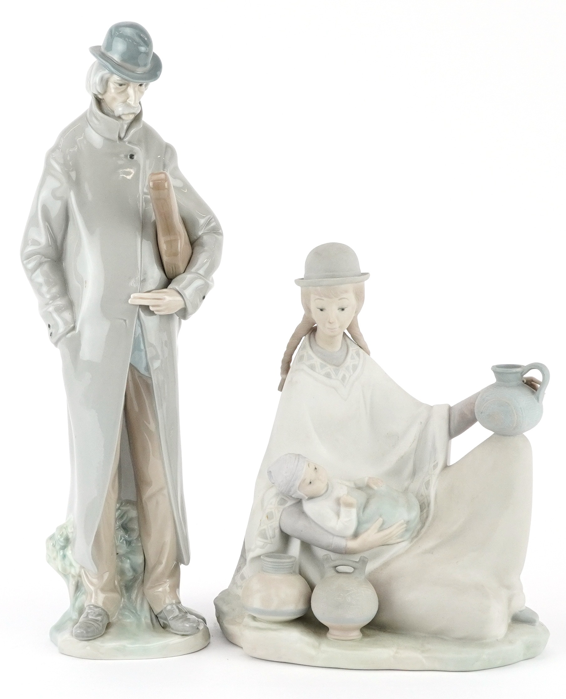 Two Lladro figures and groups comprising Peruvian Girl with Baby having a matte glaze and Old Man