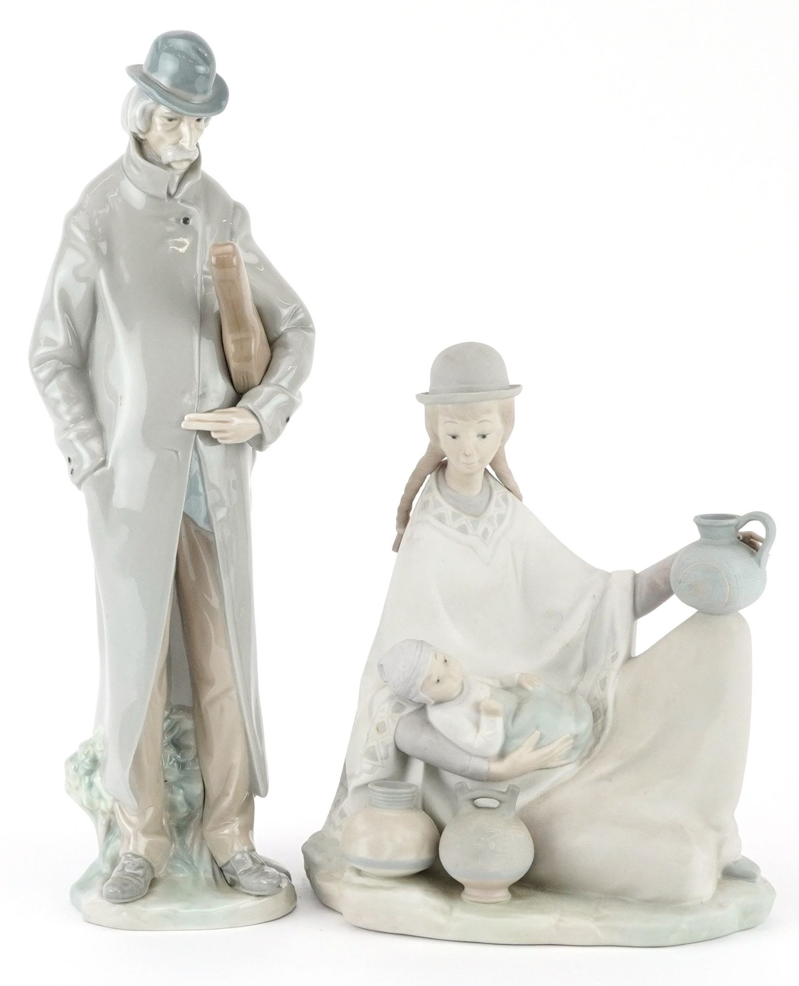 Two Lladro figures and groups comprising Peruvian Girl with Baby having a matte glaze and Old Man