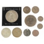 United States of America coinage including 1923 silver dollar, half dollars and quarter dollars