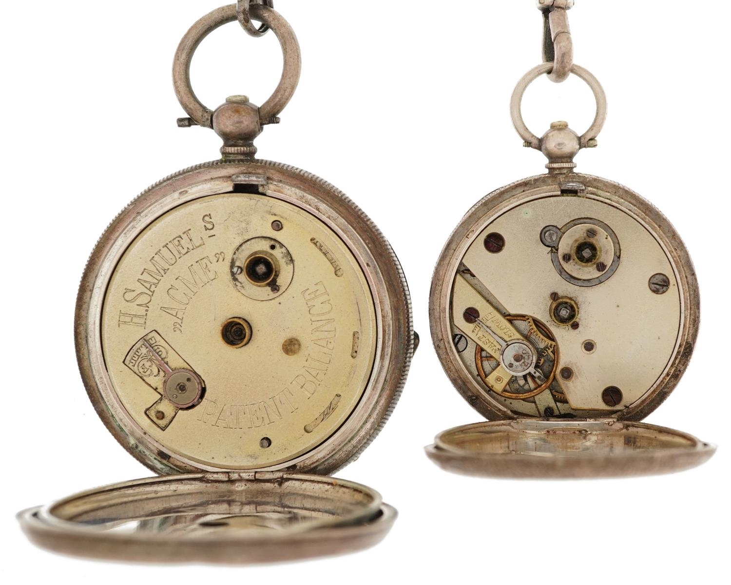 Two ladies and gentlemen's silver key wind open face pocket watches having enamelled dials and Roman - Image 4 of 6
