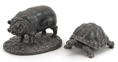 Camelot Silverware Ltd, two Elizabeth II silver filled animals comprising a turtle and pig,
