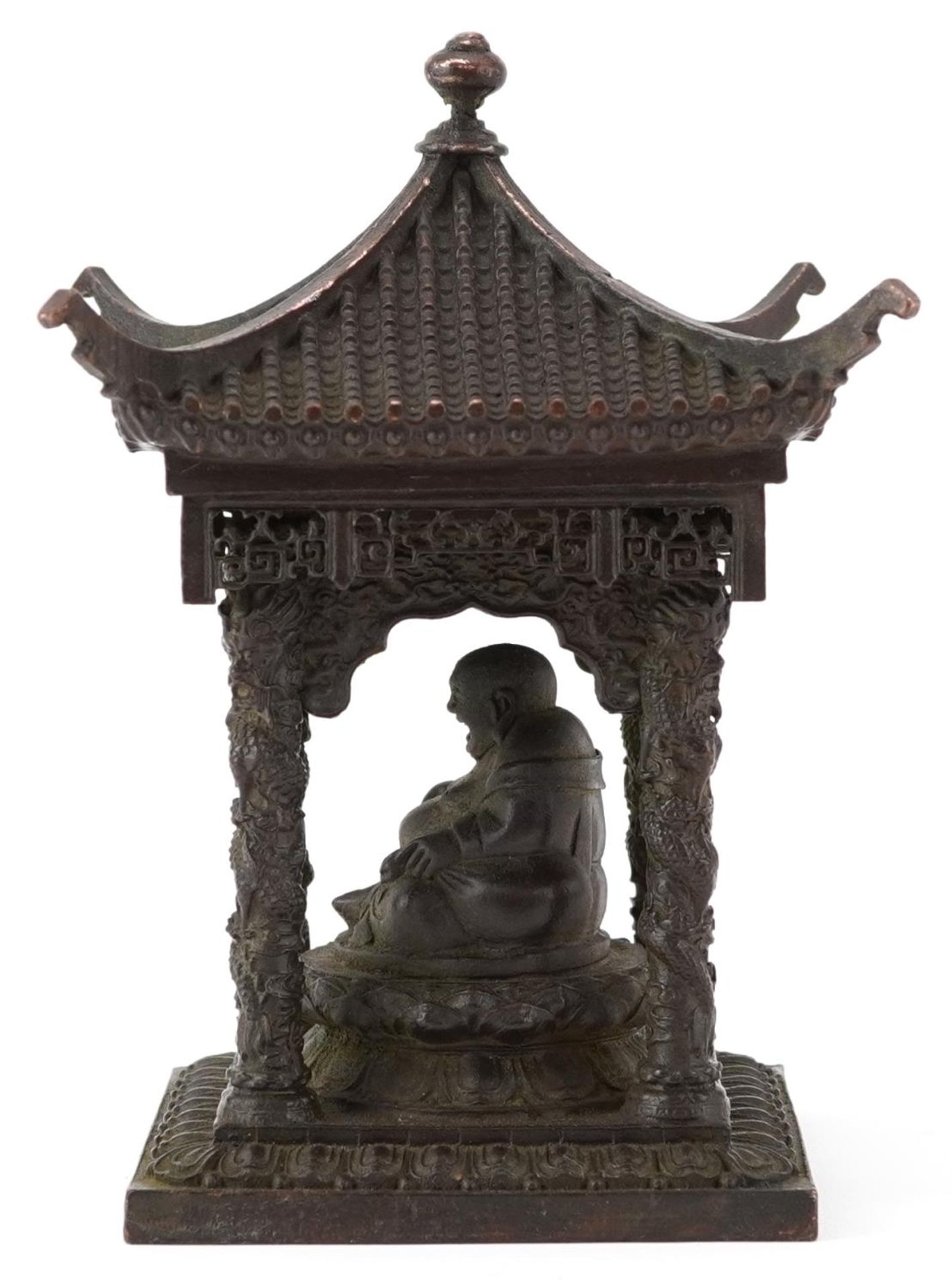 Chinese patinated bronze study of Buddha seated in a pagoda, 15cm high - Image 3 of 7