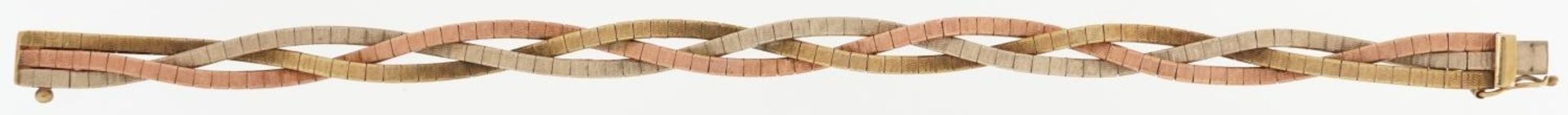 9ct three tone gold flattened link weave bracelet, 18cm in length, 16.5g - Image 2 of 4