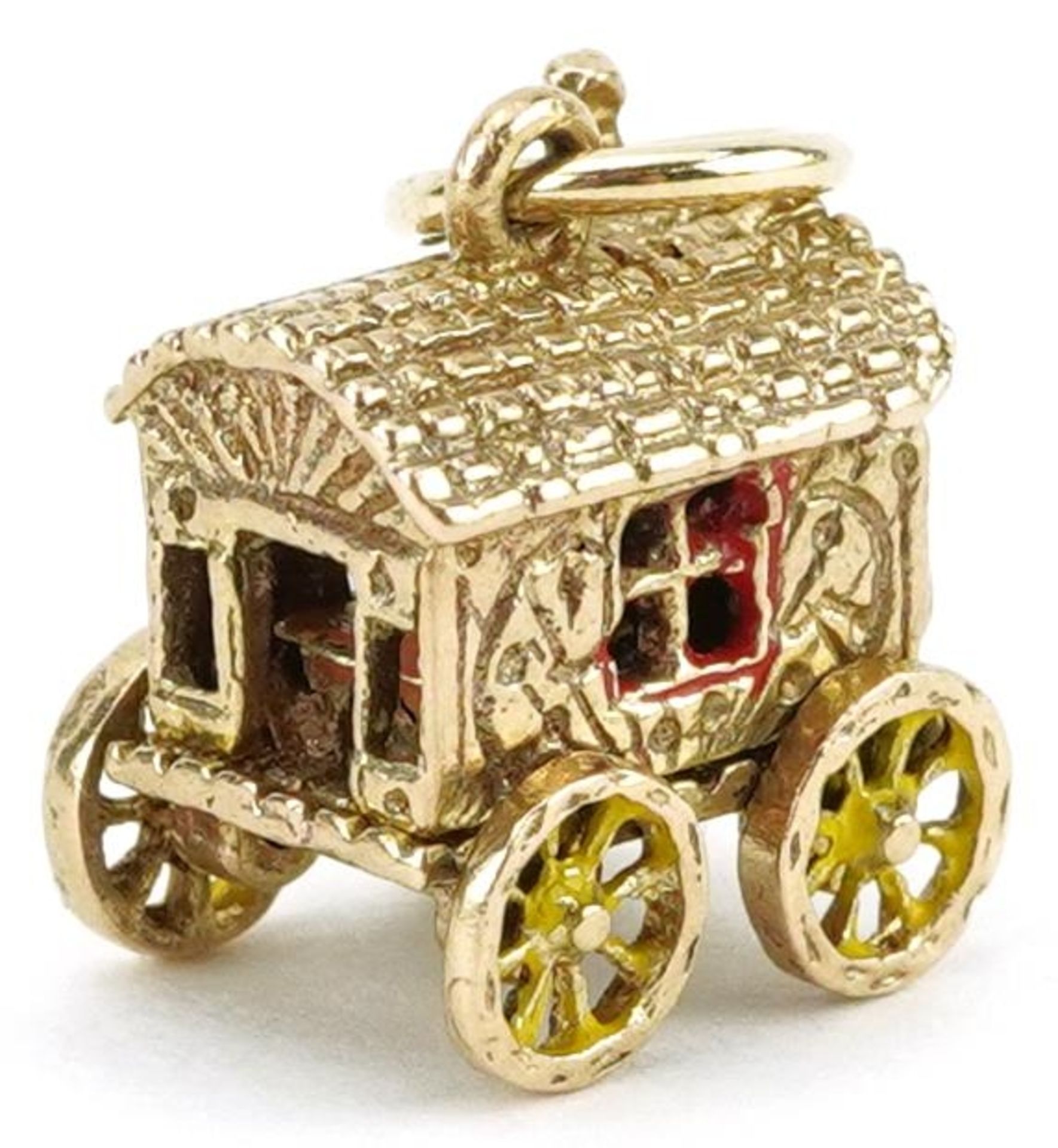 9ct gold and enamel charm in the form of a Gypsy wagon with rotating wheels opening to reveal a - Image 2 of 4
