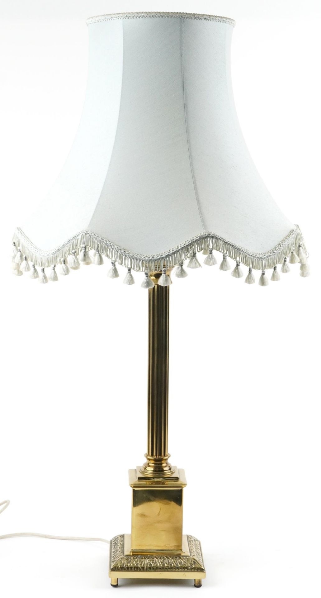 Large 19th century style brass Corinthian column table lamp with shade, overall 98cm high