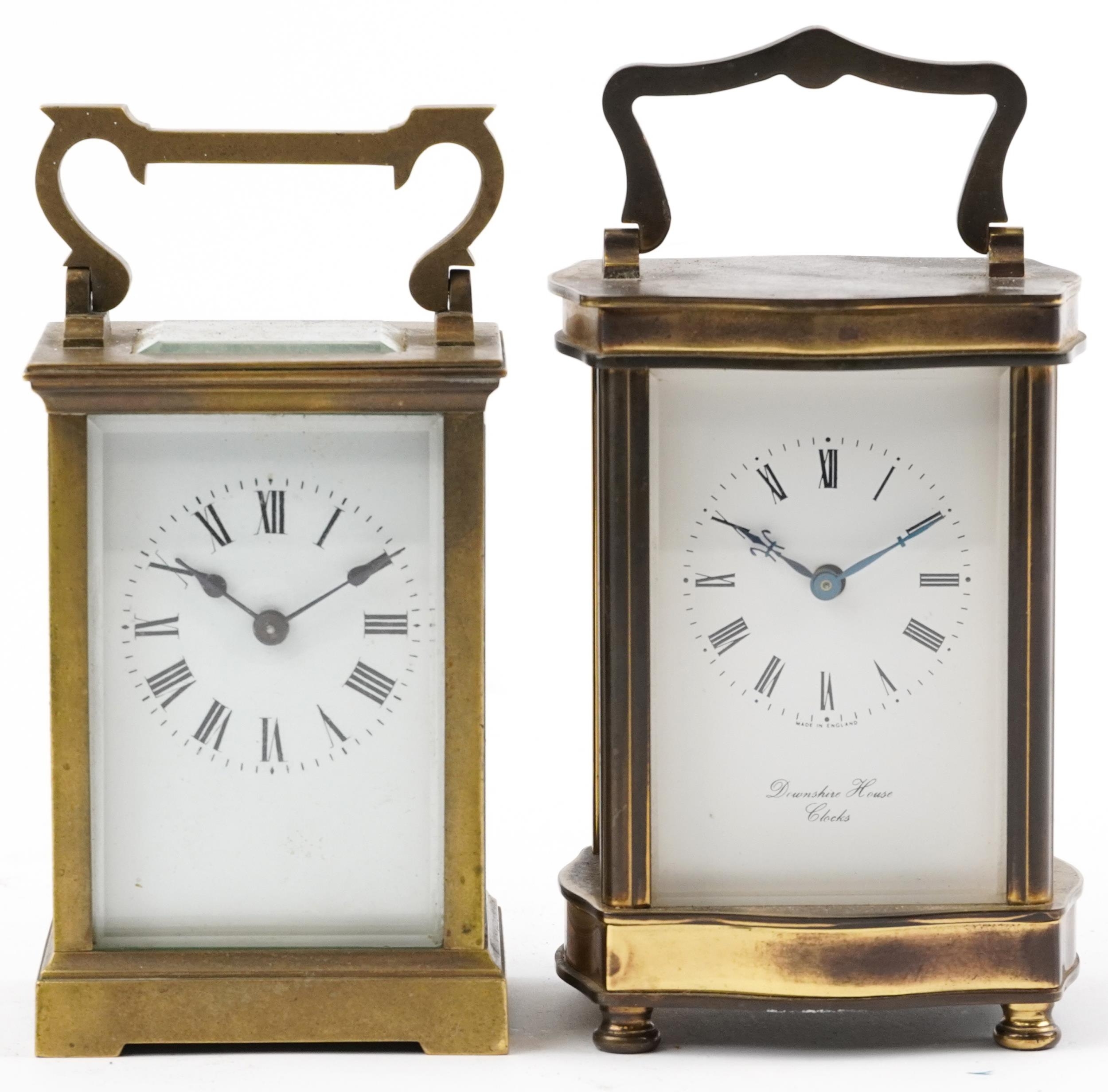 Two brass cased carriage clocks including an example with serpentine case having enamelled dial with - Image 2 of 5
