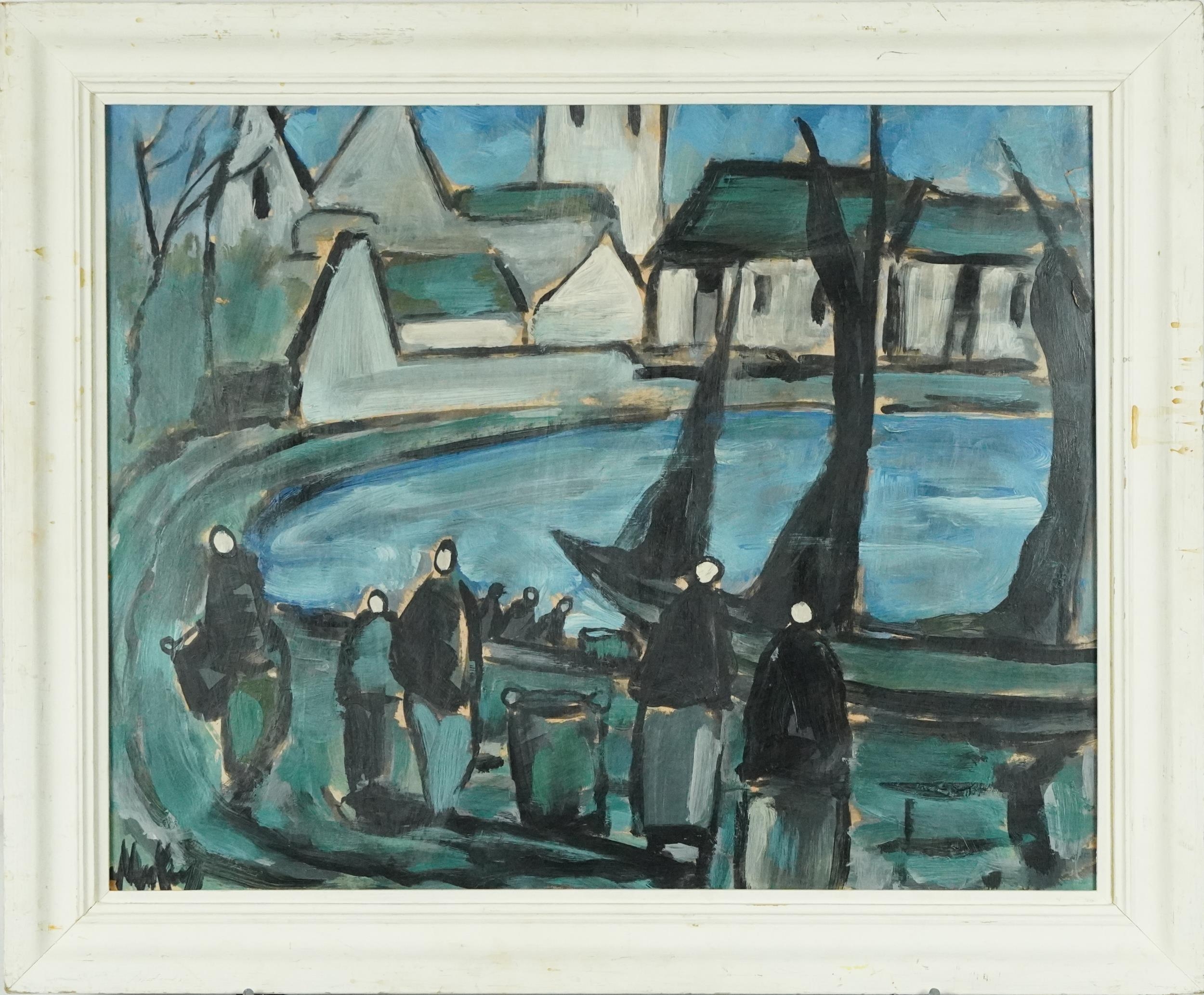 Manner of Markey Robinson - Figures beside water with boats and cottages, Irish school oil on - Image 2 of 4