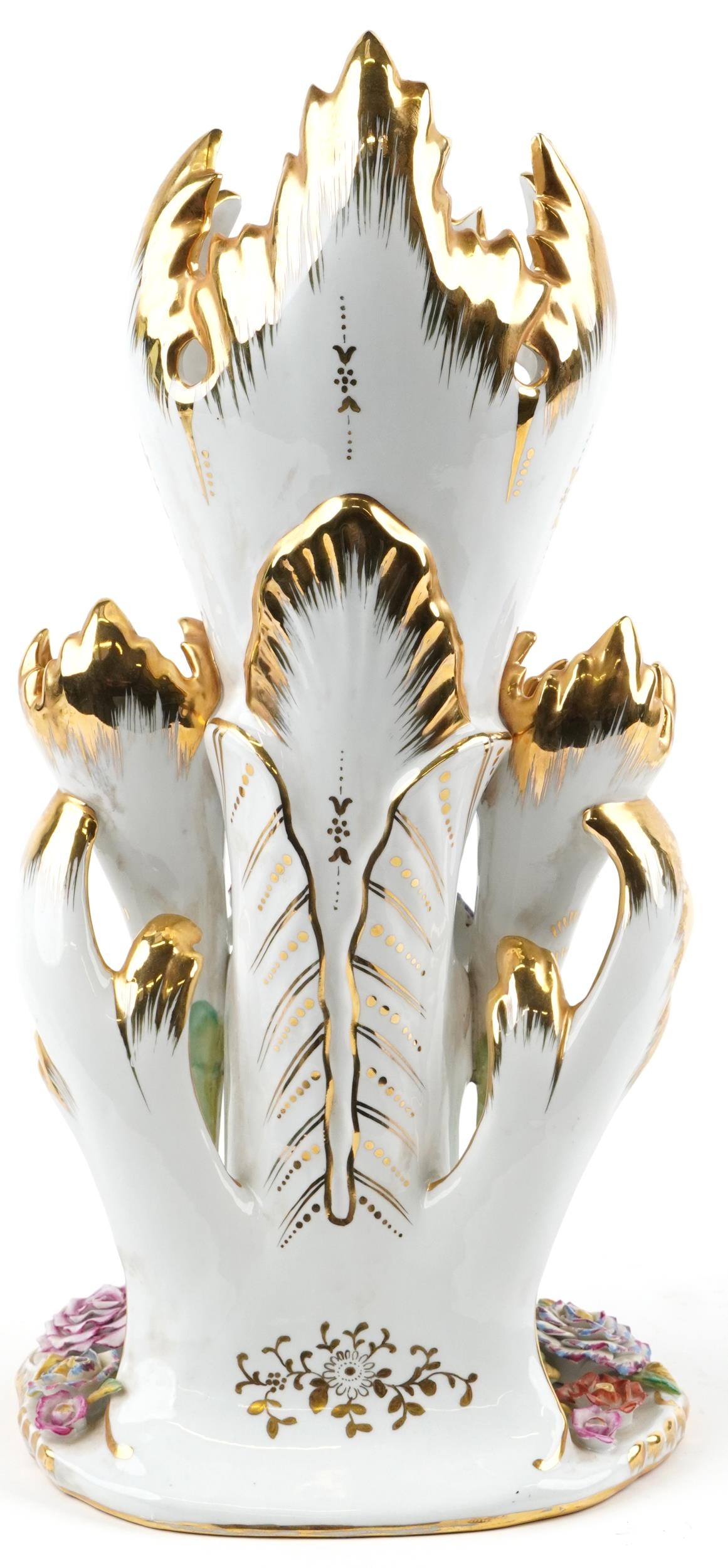 Manner of Sevres, French porcelain three section naturalistic vase hand painted with foliage, 48cm - Image 2 of 4