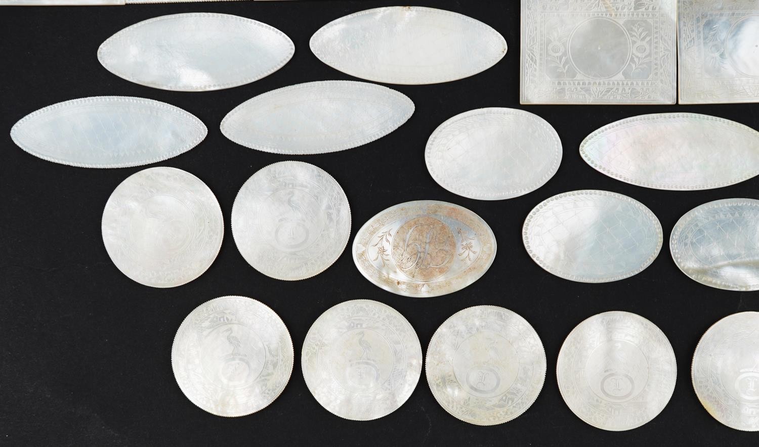 Good collection of Chinese Canton mother of pearl gaming counters, each carved with figures and - Image 17 of 24