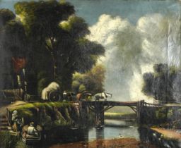 After Sir Augustus Wall Callcott - Horse drawn cart on bridge over water, English school oil on