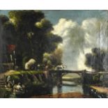 After Sir Augustus Wall Callcott - Horse drawn cart on bridge over water, English school oil on