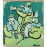 Manner of Markey Robinson - Three Pierrot musicians, Irish school gouache on card, unframed, 38cm