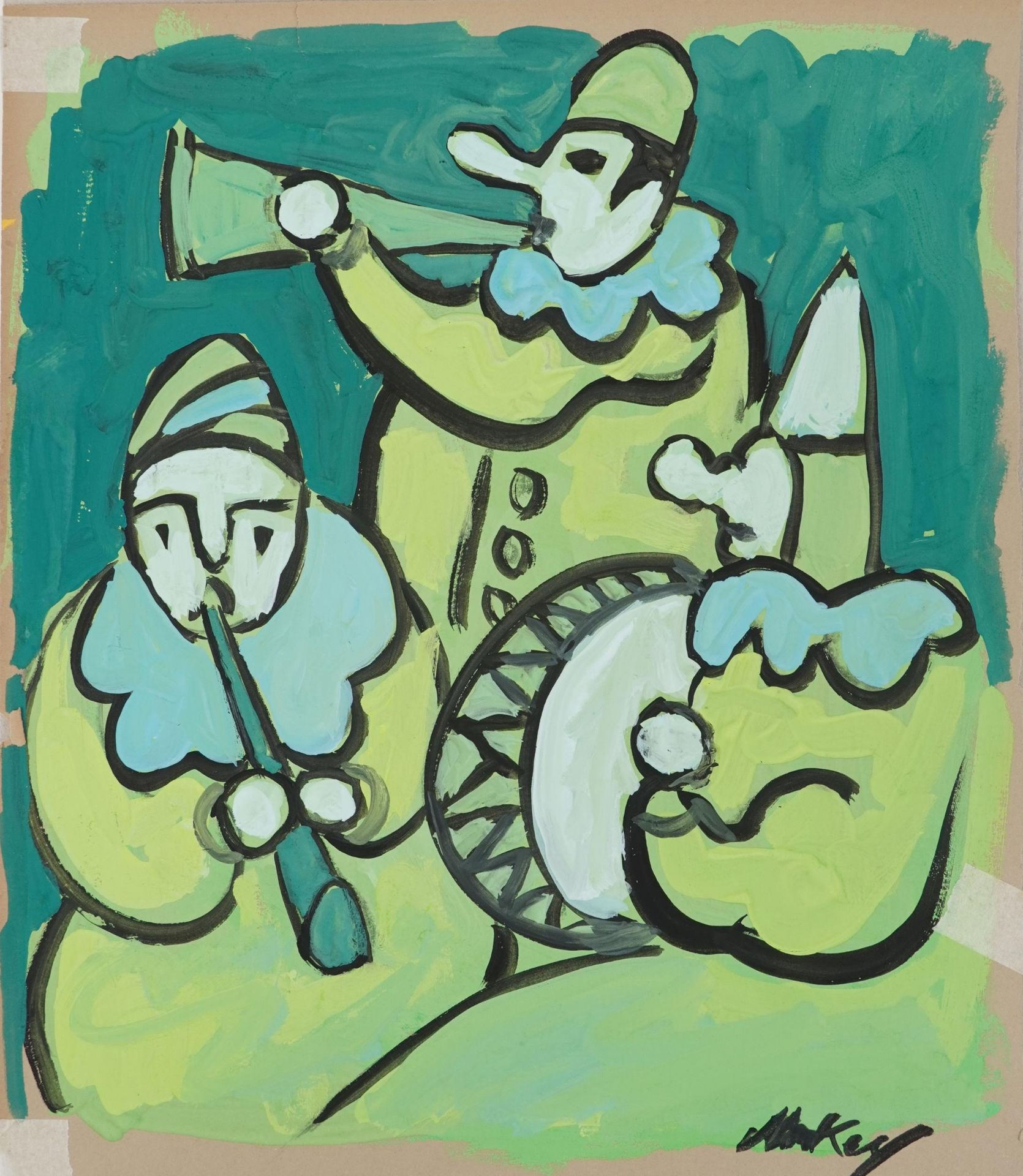 Manner of Markey Robinson - Three Pierrot musicians, Irish school gouache on card, unframed, 38cm