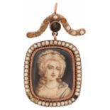Georgian unmarked gold seed pearl portrait pendant hand painted with a young female, tests as 15ct