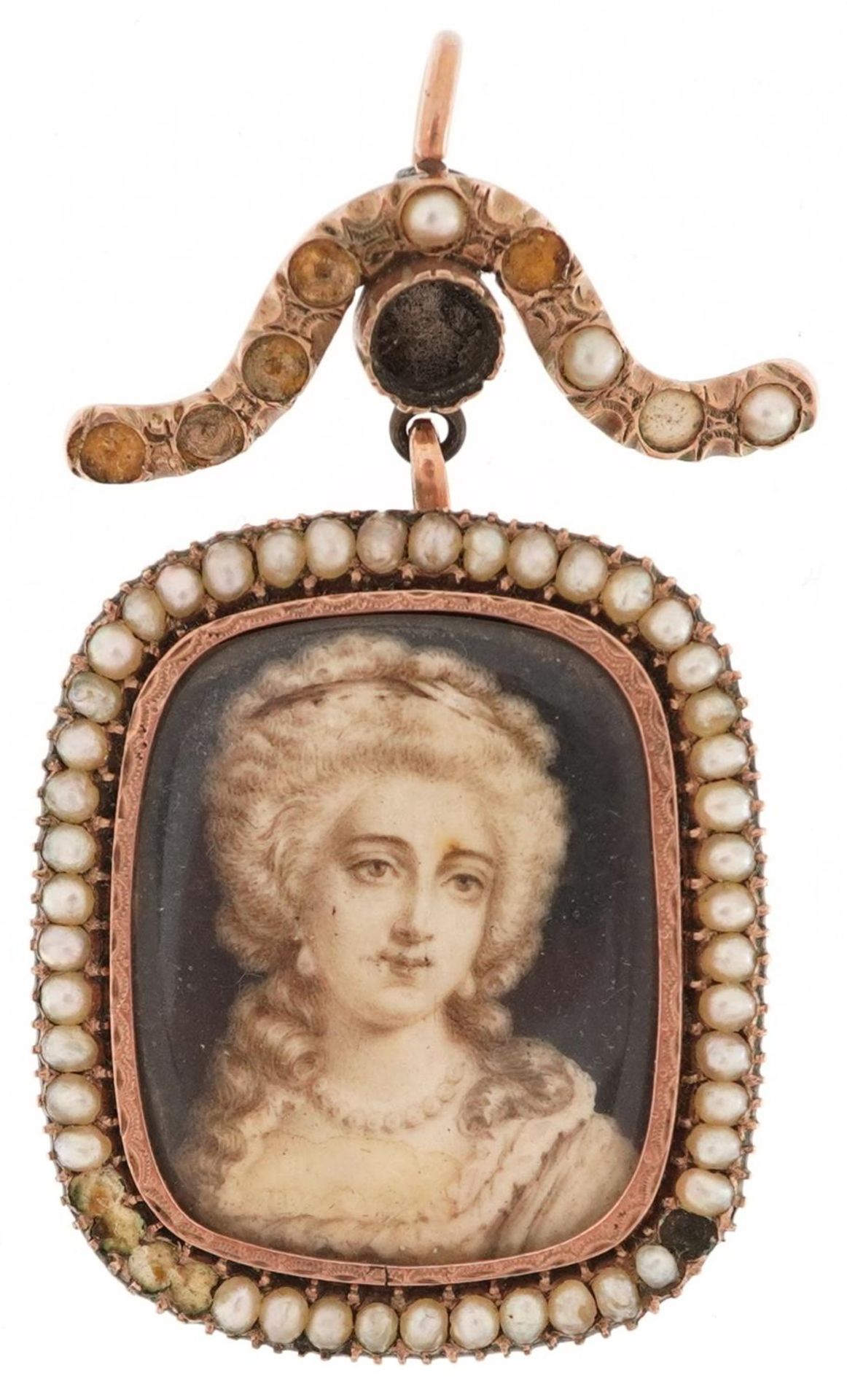 Georgian unmarked gold seed pearl portrait pendant hand painted with a young female, tests as 15ct