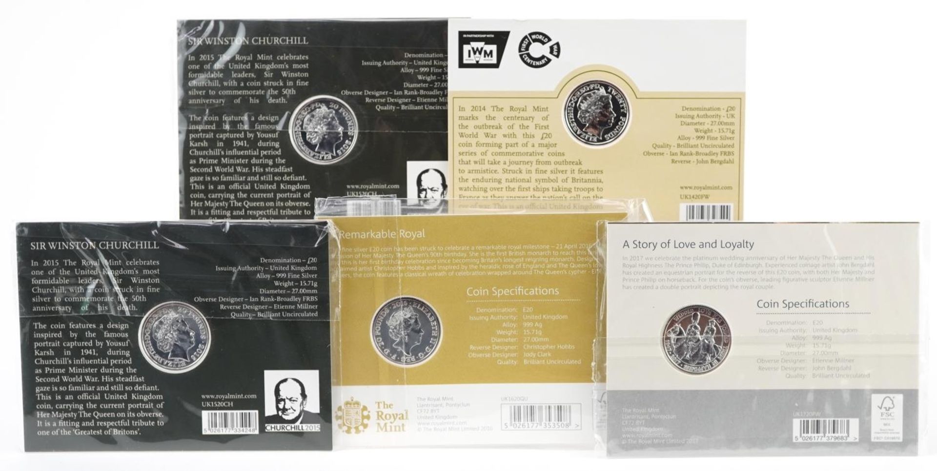 Five Elizabeth II United Kingdom twenty pound fine silver coins by The Royal Mint comprising two - Image 4 of 4